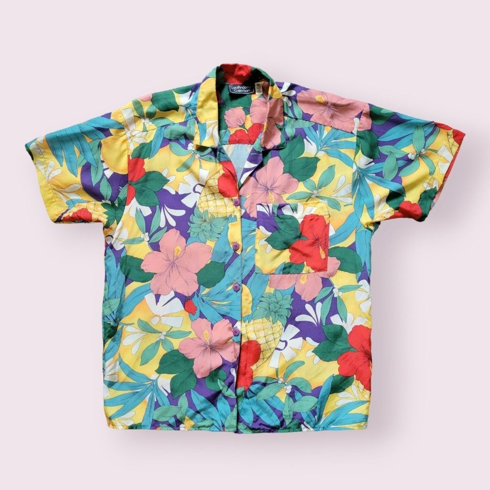 Vintage CAROL ANDERSON Hawaiian Shirt Sz M 80s Tropical Floral Pineapple Boxy